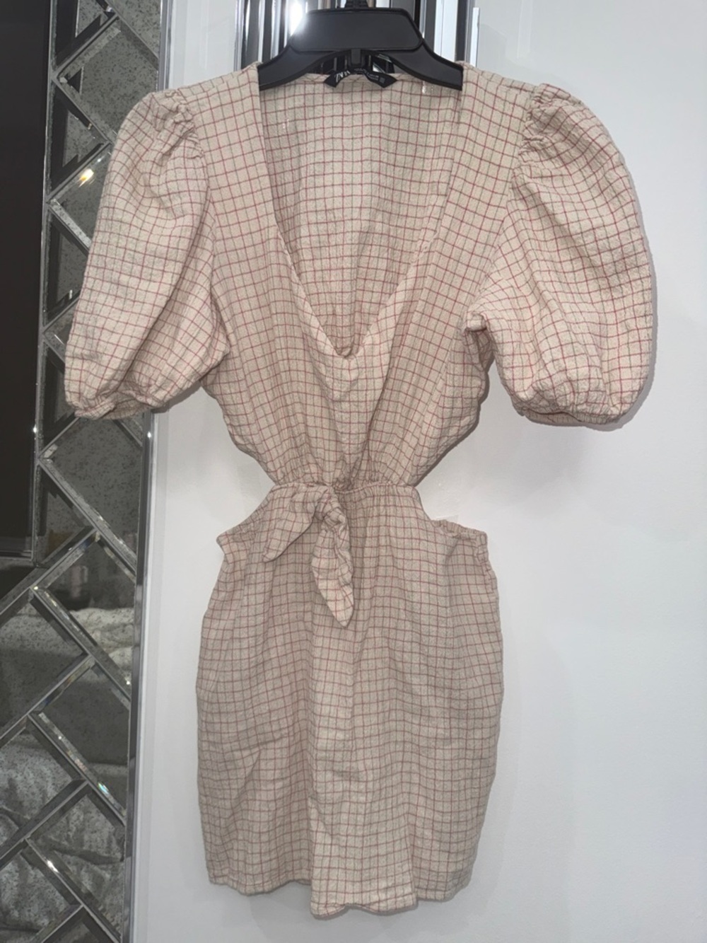 Zara Puff Sleeve Check Tie-Waist Mini Dress - with cut out sides and back